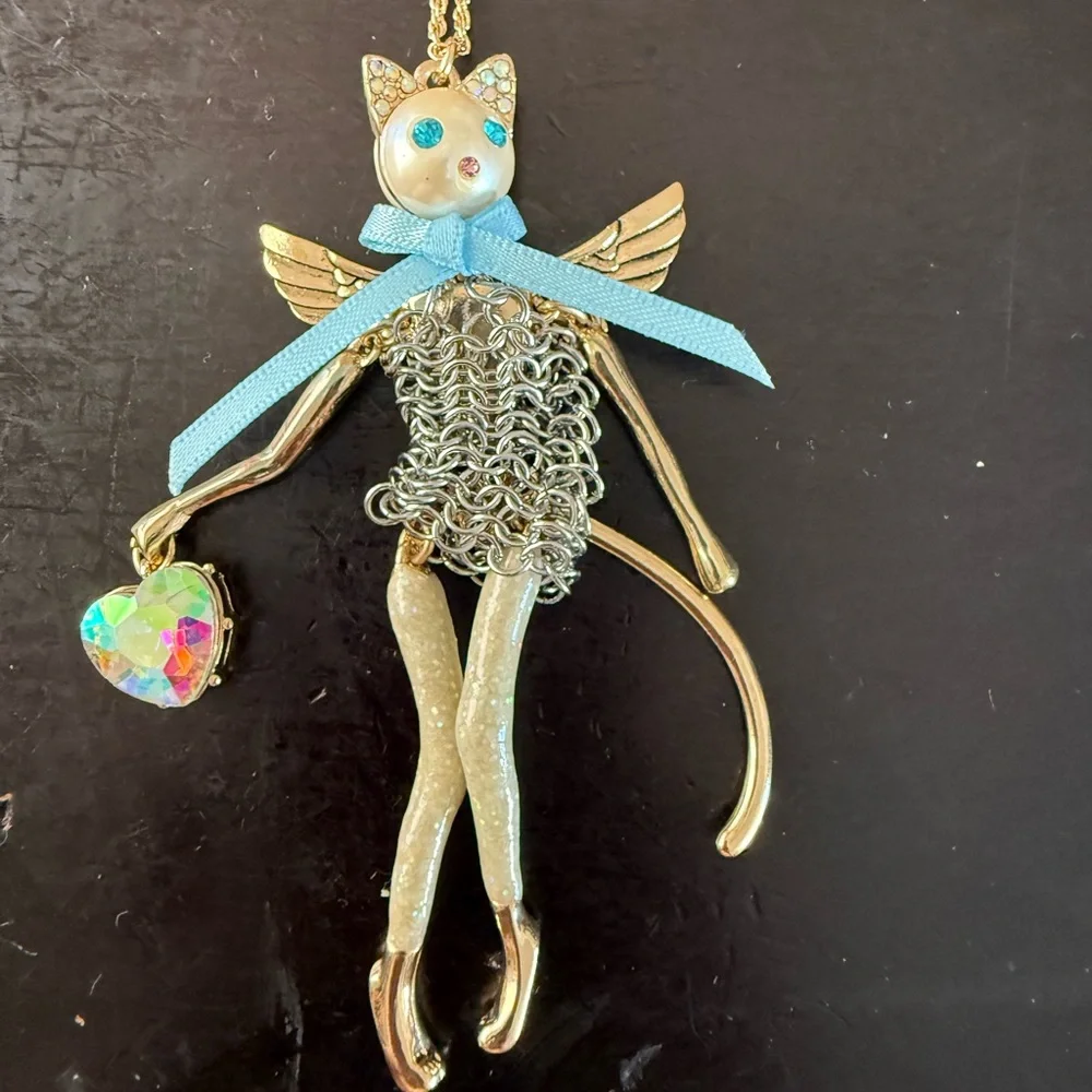 Gold Cat Necklace with Blue Accents